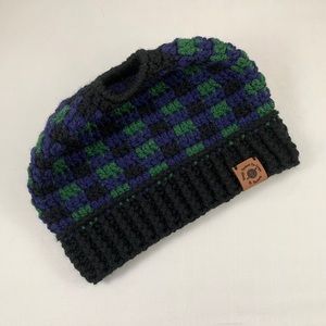 Crocheted Plaid Black Watch Ponytail Hat